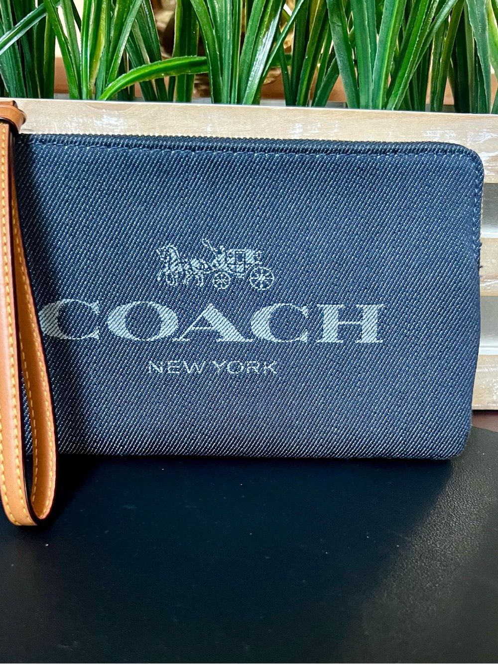 COACH Large Corner Zip Wristlet in Denim & Vachetta Leather